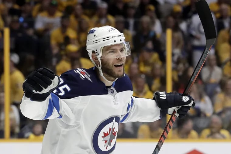 Winnipeg Jets center Paul Stastny celebrates after teammate Tyler Myers scored a goal against  Nashville in Game 7 of an NHL second-round playoff series. Stastny is the second-best free-agent center available after John Tavares.