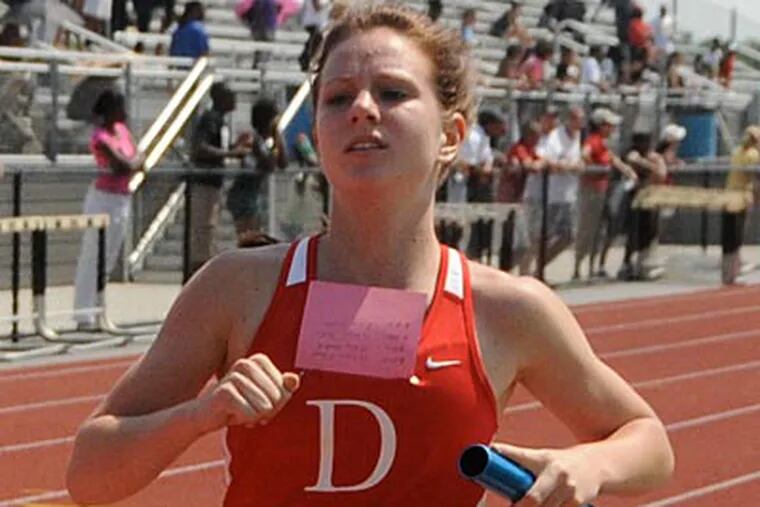 Delsea's Brianna Crofton wins the Group 3 4x400 relay. (Photo by Curt Hudson)
