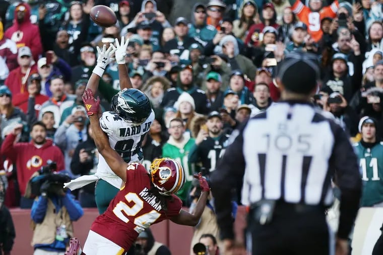Eagles wide receiver Greg Ward (84) catches the game-winning touchdown in front of Washington Redskins cornerback Josh Norman (24).