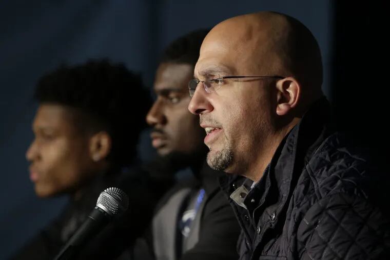 Penn State head coach James Franklin (right), speaking to the media on Saturday.