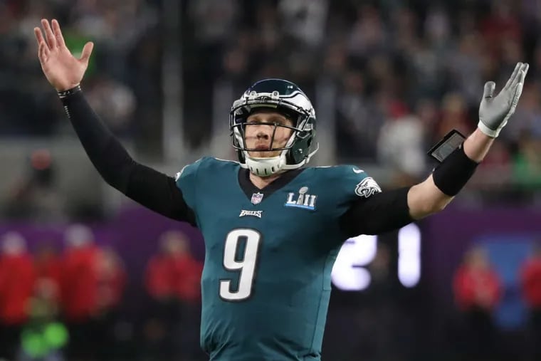 Eagles quarterback Nick Foles reacts while watching a replay at Super Bowl LII.