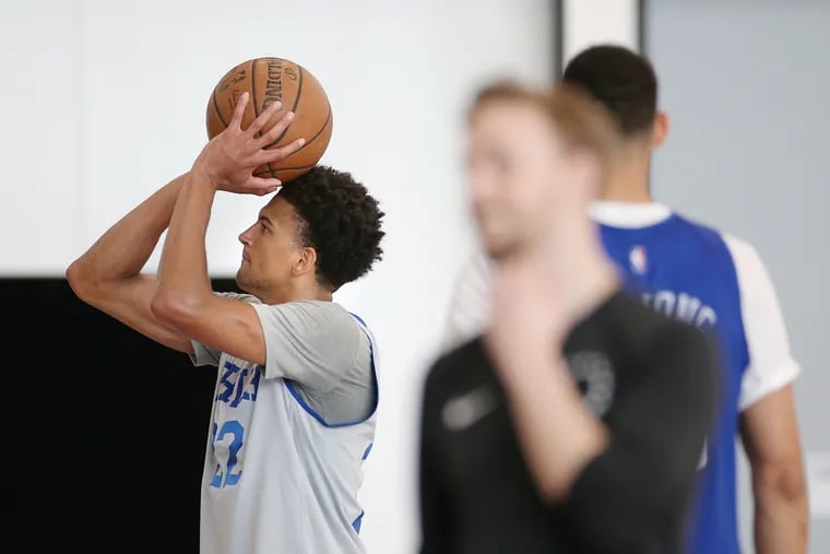 The Sixers' Matisse Thybulle shoots at the end of practice at the Sixers Training Complex in Camden, N.J., on Wednesday, Feb. 19, 2020.