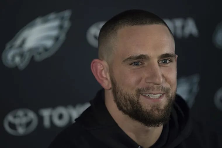 Eagles newly signed player, Paul Worrilow talks to the media during a press conference at the NovaCare Complex, in Philadelphia, PA. Wednesday, April, 4, 2018 JOSE F. MORENO / Staff Photographer