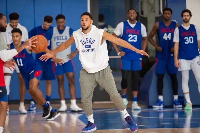 Sixers, Ben Simmons plays defense during practice on Monday, Oct. 18, 2021., at the Seventy Sixers Practice Facility in Camden, N.J.