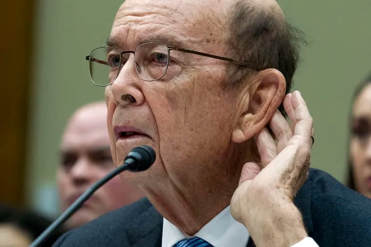In this Thursday, March 14, 2019, file photo Commerce Secretary Wilbur Ross testifies during the House Oversight Committee hearing on Capitol Hill in Washington. A third federal judge has blocked the Trump administration from adding a citizenship question to the 2020 census.