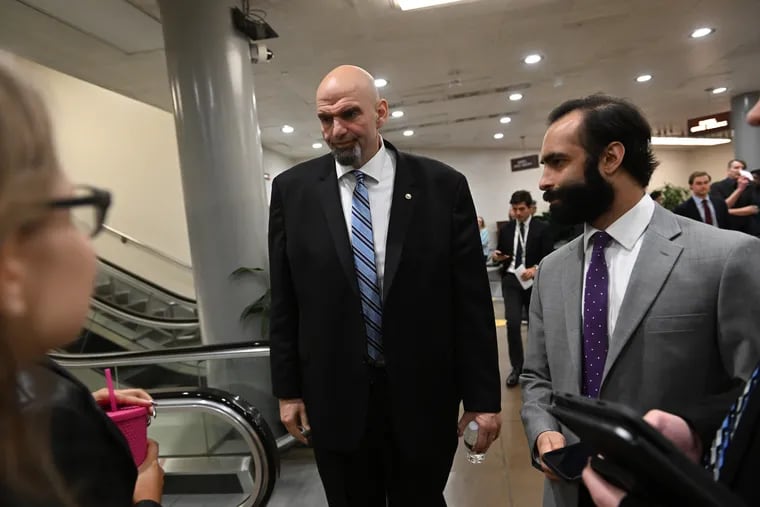 Sen. John Fetterman at the U.S. Capitol on in January 2023 with Joe Cavello, his communications directors. Cavello resigned this month to work for Chicago Mayor Brandon Johnson. Washington Post photo by Ricky Carioti