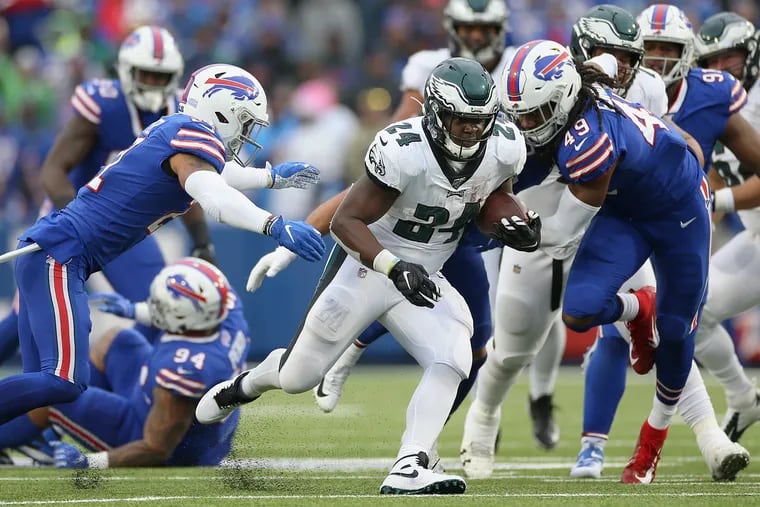 Eagles running back Jordan Howard (24) had 96 of the Eagles' season-high 218 rushing yards in Sunday's 31-13 win over the Bills.
