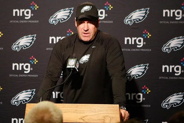 Philadelphia Eagles head coach Doug Pederson speaks during a news conference after an NFL football game against the Cincinnati Bengals, Sunday, Dec. 4, 2016, in Cincinnati. The Bengals won 32-14.