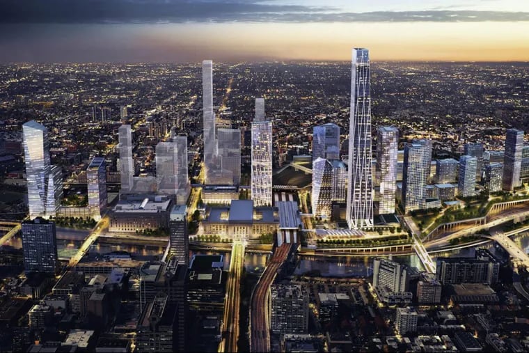 Illustrated aerial view of West Philadelphia after implementation of the 30th Street Station District Plan, a development proposal for University City that incorporates Brandywine’s Schuylkill Yards project.
