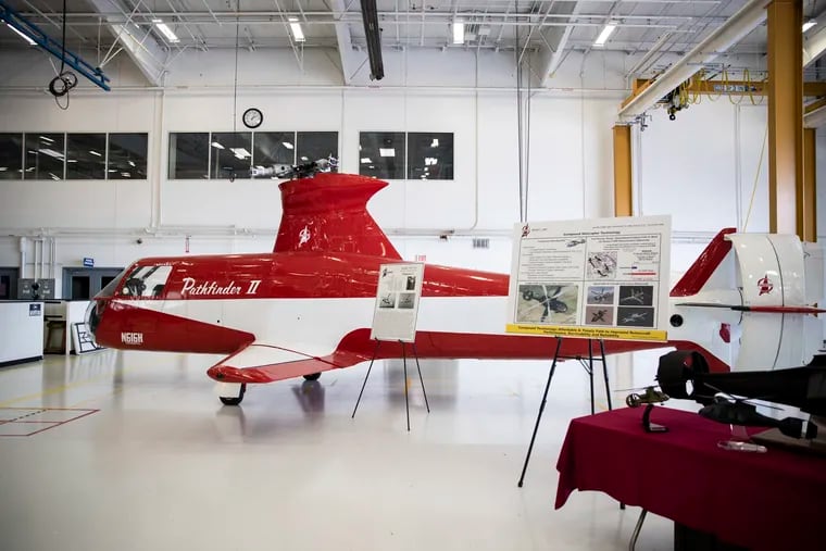 Piasecki Aircraft projects on display in the manufacturing facility in Coatesville, Pa. Piasecki Aircraft is working on a hydrogen-powered helicopter among other projects.