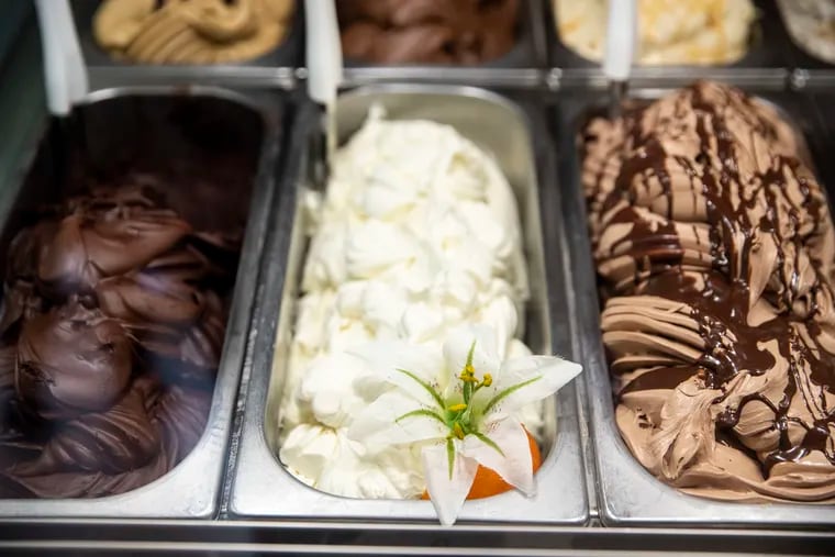 The Chinotto flower gelato (center) at Gran Caffe L'Aquila, inspired by the Philadelphia Flower Show.