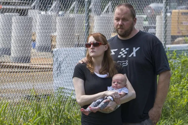 Katie and Mike Marlin stand with their 7-week-old son, Ryder, by the the construction site for the pipeline. In Chesterfield Township and Bordentown, a  fight is brewing over a proposed natural gas pipeline that would connect the Burlington County township with Manchester Twp in Ocean County.