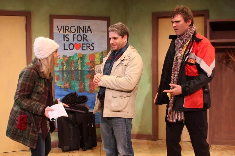 &quot;Handle With Care,&quot; a holiday play that crosses Jewish and Christian cultural boundaries, costars (from left) Sarah Raimondi, Jesse Bernstein, and Josh Carpenter at the Montgomery Theater.