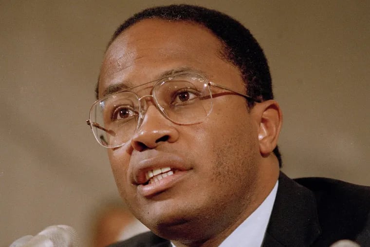 Baltimore Mayor Kurt Schmoke speaks before the House Select Committee on Narcotics Abuse and Control on Capitol Hill in Washington, Sept. 29, 1988. (AP Photo/John Duricka)