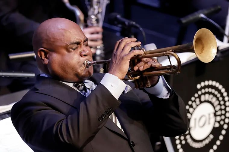 Terell Stafford, managing and artistic director of the Jazz Orchestra of Philadelphia, plays the trumpet during the Charlie Parker 100th birthday tribute.