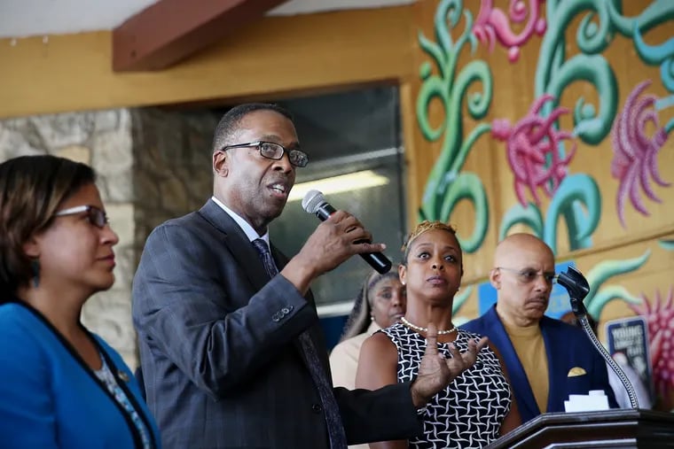 City Councilman Darrell Clarke calls for legislation to ban guns at city recreation centers during a news conference at Mander Playground in Philadelphia’s Strawberry Mansion section on Wednesday, July 24, 2019. He is flanked by (from left) state Rep. Donna Bullock (D-195th), state Rep. Movita Johnson-Harrell (D-190th), Councilwoman Cindy Bass, and state Sen. Vincent Hughes (D-7th).