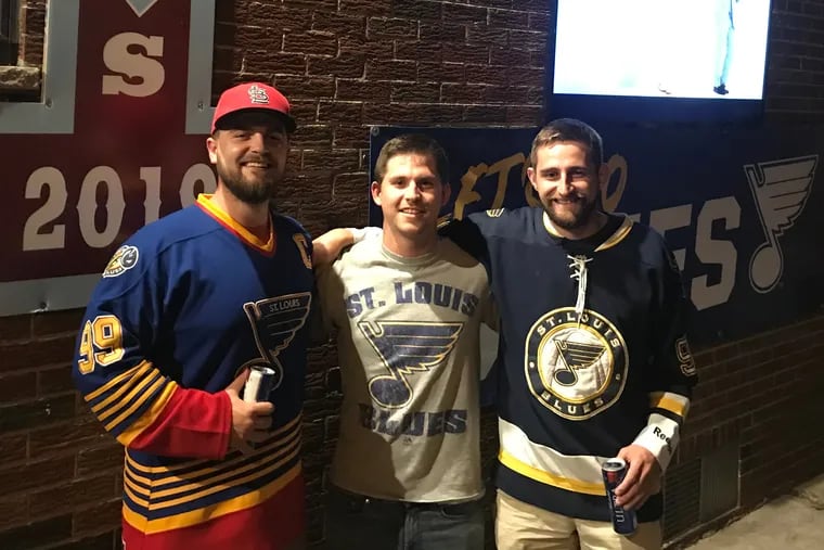 Blues fans (from left) Zach Moss, Garrett Halbach, and Ethan Sacco arrived in South Philly 45 minutes before the start of Game 6 of the Stanley Cup Final on Sunday night, June 10, 2019.