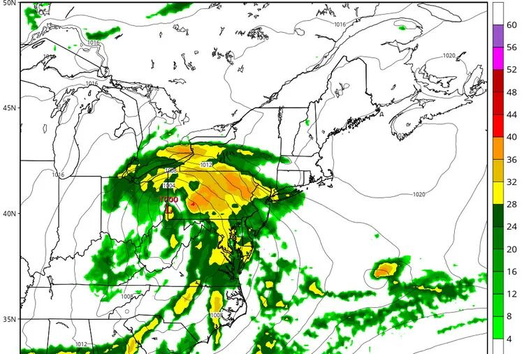 Computer model map of Saturday's forecast. (NBC10)