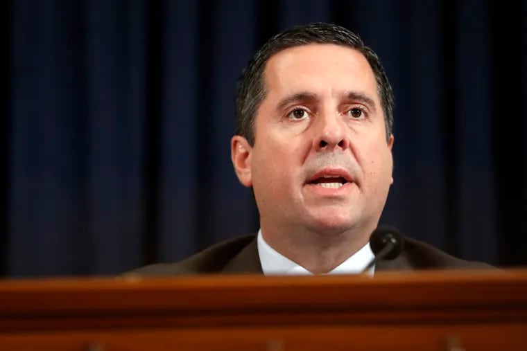 Ranking member Rep. Devin Nunes of Calif., gives his opening statement as Jennifer Williams, an aide to Vice President Mike Pence, and National Security Council aide Lt. Col. Alexander Vindman, testify before the House Intelligence Committee on Capitol Hill in Washington, Tuesday, Nov. 19, 2019, during a public impeachment hearing of President Donald Trump's efforts to tie U.S. aid for Ukraine to investigations of his political opponents.