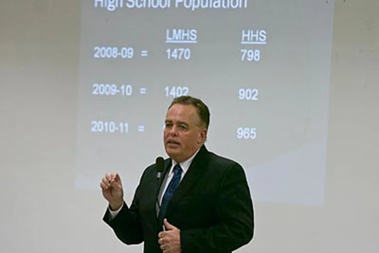 Lower Merion School District Superintendent Christopher McGinley conducts "a conversation about our local public schools" on Tuesday night. (Ron Tarver / Staff Photographer)