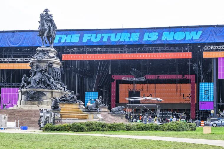 Work crews continue to build the stages for the upcoming NFL Draft on the Benjamin Franklin Parkway in Center City, Philadelphia. Here, the main stage built at the base of the Philadelphia Museum of Art's famous steps, across the parkway from Eakins Oval.
