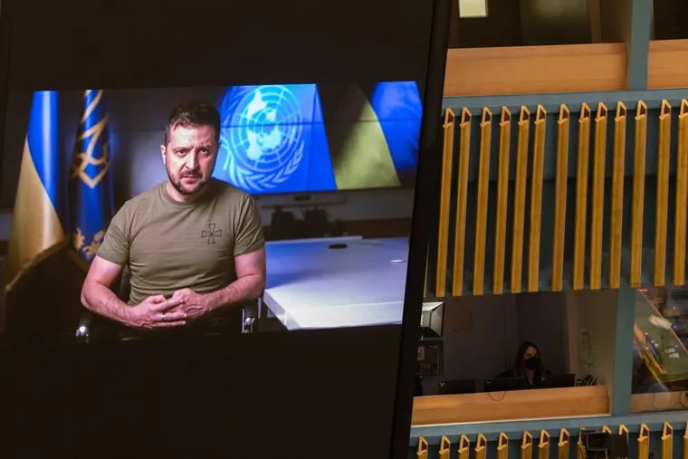 Ukrainian President Volodymyr Zelensky on a monitor during a meeting of the United Nations General Assembly last month.