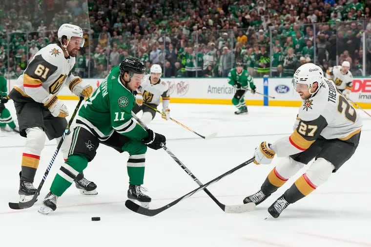 Logan Stankoven #11 of the Dallas Stars is defended by Shea Theodore #27 of the Vegas Golden Knights during the third period in Game One of the First Round of the 2024 Stanley Cup Playoffs at the American Airlines Center on April 22, 2024 in Dallas, Texas.