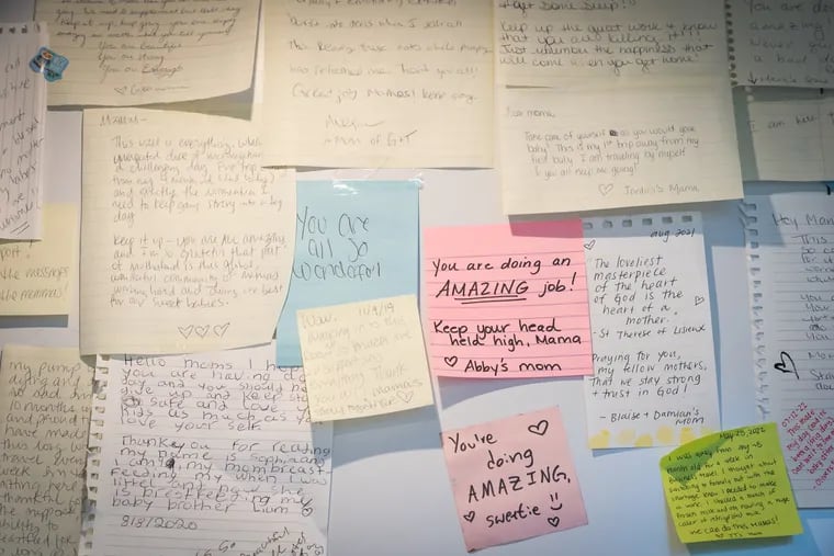 Notes of support left by people in the lactation Pod at the Philadelphia International Airport, in Philadelphia, Monday January 30, 2023. The lactation pods at Philadelphia International Airport have been DIY support stations for mothers in transit, with post-its and letters of mutual support papering the interior walls.