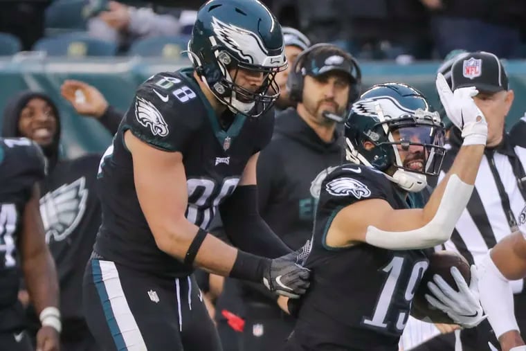 Eagles receiver JJ Arcega-Whiteside (19) signals first down in celebration after making a catch that helped stave off a late comeback from the New Orleans Saints in last Sunday's win.