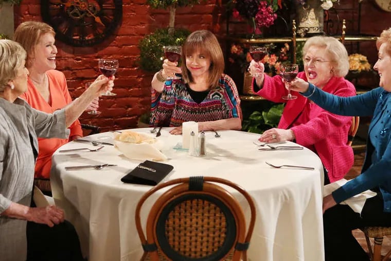 Georgia Engel (right) in an episode of "Hot in Cleveland" with fellow "Mary Tyler Moore Show" actresses (from left)  Cloris Leachman, Mary Tyler Moore, Valerie Harper, and Betty White.