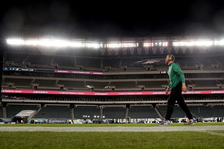Carson Wentz warms up ahead of Eagles-Cowboys on Sunday at Lincoln Financial Field.