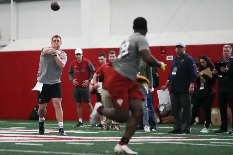 Former Temple quarterback Anthony Russo throws the ball to Tavon Ruley during a drill at the 2022 Temple Pro Day inside Temple’s Aramark STAR Complex in Philadelphia on Wednesday, March 23, 2022.