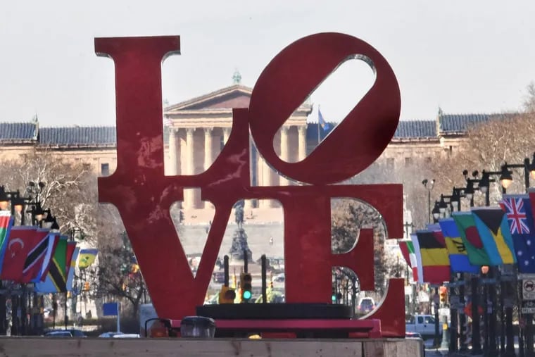 The 'LOVE' sculpture is shown back home placed at the JFK Plaza/LOVE Park, Philadelphia. Tuesday, Feb. 13, 2018.