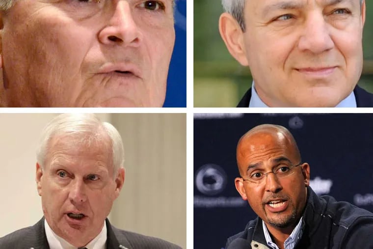Two presidents and a former president at Pennsylvania State University received a collective $4.1 million in compensation in 2013-14, a report by The Chronicle of Higher Education shows. They include Rodney A. Erickson (lower left), who steered Pennsylvania's flagship university in the aftermath of the Jerry Sandusky child sex abuse scandal and stepped down in May 2014; Eric Barron (top right), who replaced Erickson; and former President Graham B. Spanier (top right), who was forced out as president after the Sandusky scandal broke in November 2011 but remains on the payroll as a tenured faculty member. Erickson was the highest paid public university president in the nation that year, according to the report, though he still earned less than Penn State's football coach James Franklin (lower right), whose compensation topped $2 million (File photos).