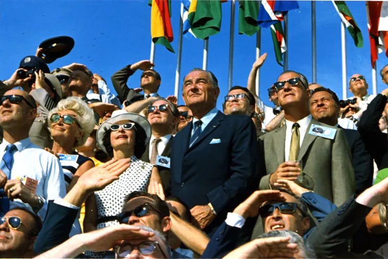 Former President Lyndon Johnson and then-Vice President Spiro Agnew watch the launch of Apollo 11 at Kennedy Space Center on July 16, 1969, as seen in "Moon Landing Live."