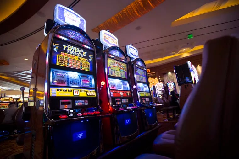 A row of slot machines on the gaming floor of Parx Casino in Bensalem Township, Bucks County, Pennsylvania.