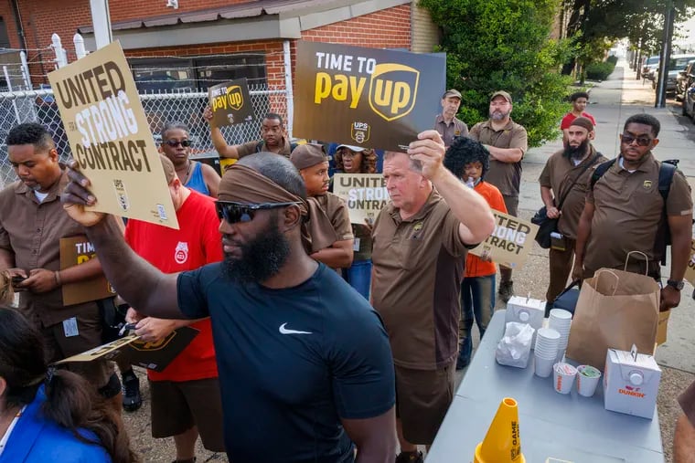 UPS workers gather outside the distribution center at 15 E. Oregon Avenue hold a rally on Thursday, July 20, 2023 to inform management that organized labor will strike if negotiations fail. Pennsylvania State Representative Elizabeth Fiedler led the rally in support of labor.