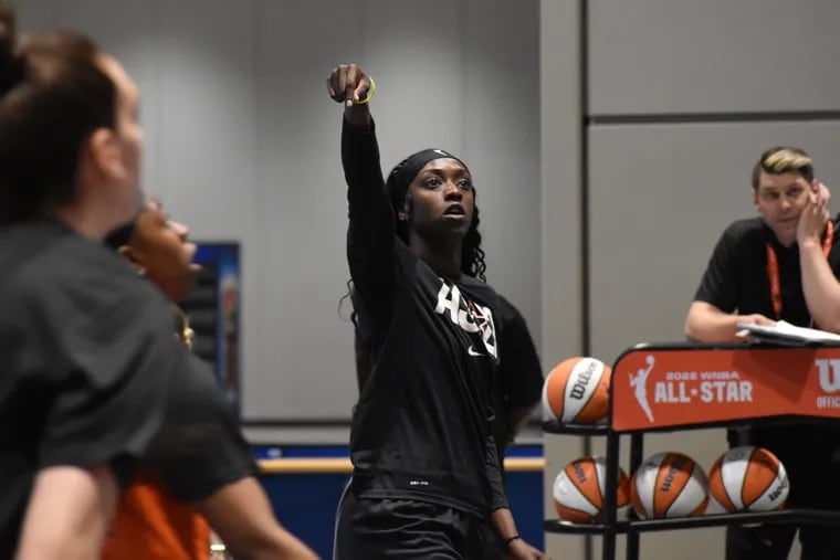 Kahleah Copper watches a shot during Saturday's practice at WNBA All-Star festivities in Chicago.