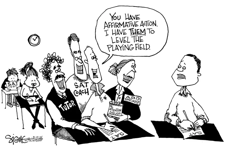 Signe Wilkinson's cartoon from March 10, 2005 reflects the extreme lengths parents were going to in order to get their children into prestigious colleges even then.