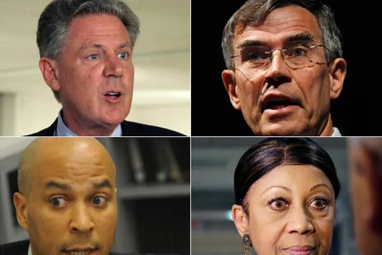 The four  New Jersey Democratic candidates for Senate(starting clockwise top left) U.S. Rep. Frank Pallone, U.S. Rep. Rush Holt,  Assembly Speaker Sheila Oliver and Newark, N.J., Mayor Cory Booker.