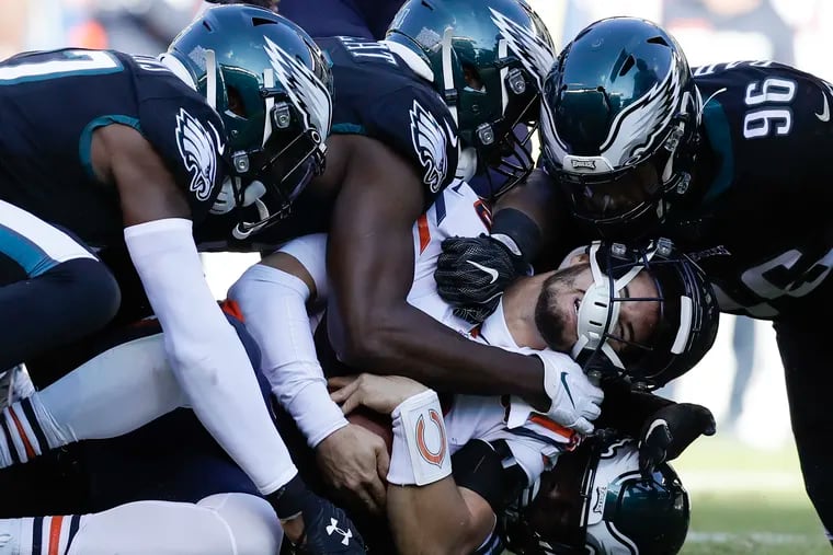 The Eagles' defense sacked Bears quarterback Mitch Trubisky three times in Sunday's 22-14 win.