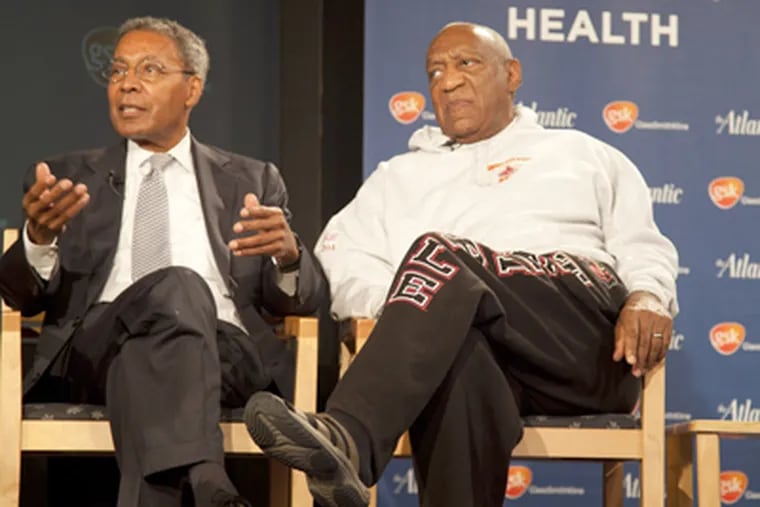 Bill Cosby (right), Alvin Poussaint (left) and a panel of doctors talk about community health at WHYY on Monday. (RYAN S. GREENBERG / Staff Photographer)