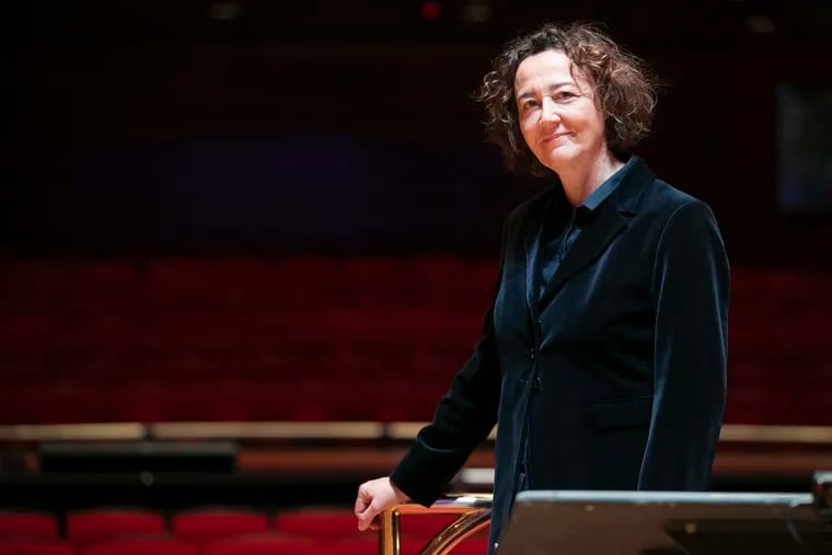New Philadelphia Orchestra principal guest conductor Nathalie Stutzmann poses for a portrait after a rehearsal in Verizon Hall at the Kimmel Center on Saturday, Dec. 05, 2020.