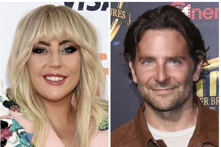 This combination of photos shows Lady Gaga, left, at a premiere for "Gaga: Five Foot Two" at the Toronto International Film Festival in Toronto on Sept. 8, 2017 and Bradley Cooper at the Warner Bros. presentation at CinemaCon 2018, at Caesars Palace in Las Vegas on April 24, 2018. Lady Gaga and Bradley Cooper sing in the first trailer for the upcoming remake of the 1937 film "A Star Is Born." 
