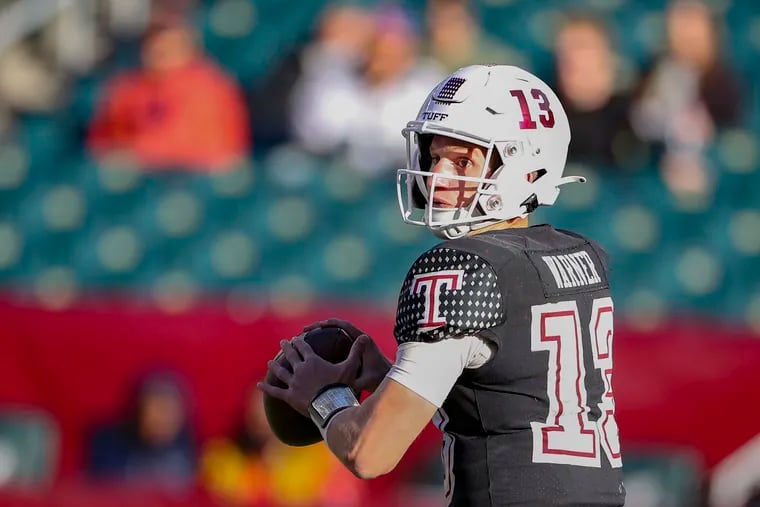 Temple quarterback E.J. Warner (13) looks to throw the ball during a game against East Carolina at Lincoln Financial Field in 2022.