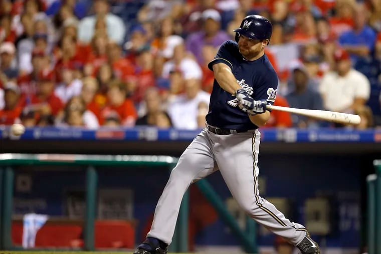 Adam Lind knocking in the winning run for the Milwaukee Brewers in a game against the Phillies on July 2, 2015.