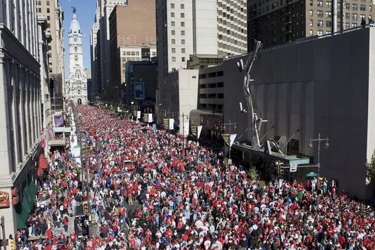 Broad Street is jammed for the Phillies championship parade in 2008.