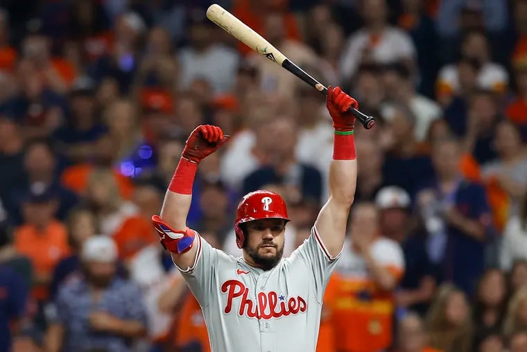 Phillies slugger Kyle Schwarber prepares to bat against the Houston Astros during Game 1 of the World Series.