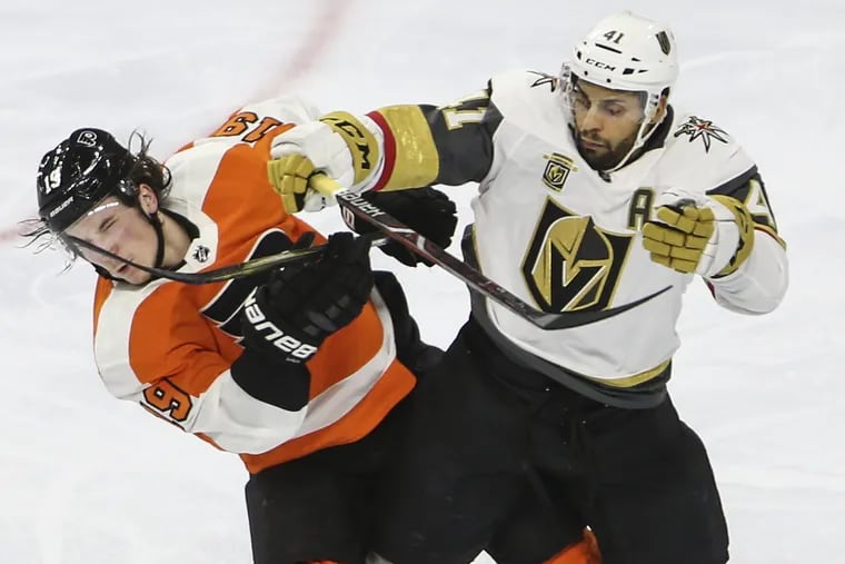 Nolan Patrick (left) and the Flyers beat Pierre-Edouard Bellemare and the Golden Knights in Vegas last season, but lost the rematch in Philadelphia.