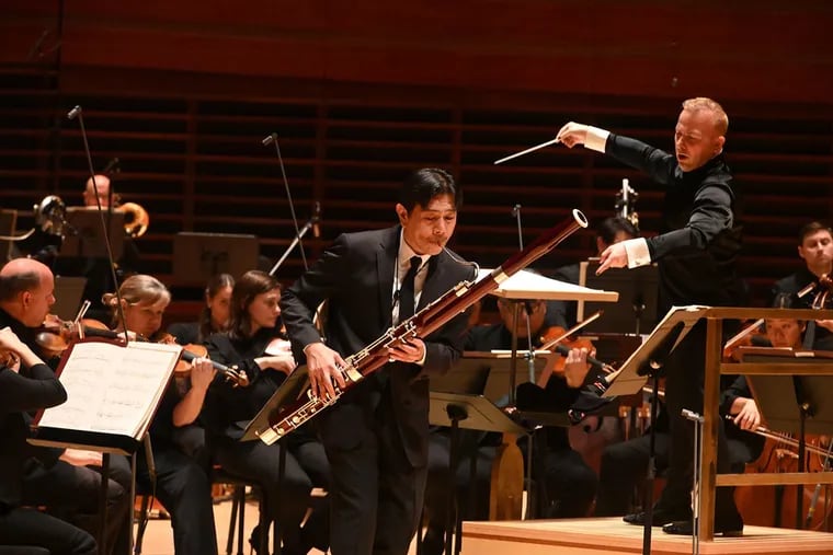 Philadelphia Orchestra principal bassoonist Daniel Matsukawa performing the world premiere of Clarice Assad's "Terra" on Thursday evening.
